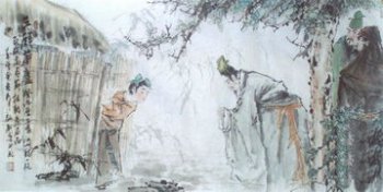 劉備三顧茅廬的故事，劉備聽到諸葛亮住地便率關羽、張飛拜訪