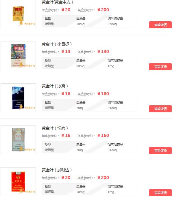 黃金葉香煙價格表大全，天葉細支高達100元一包